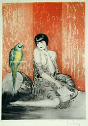 femme au perroquet - Gravure Art d&eacute;co par Watson